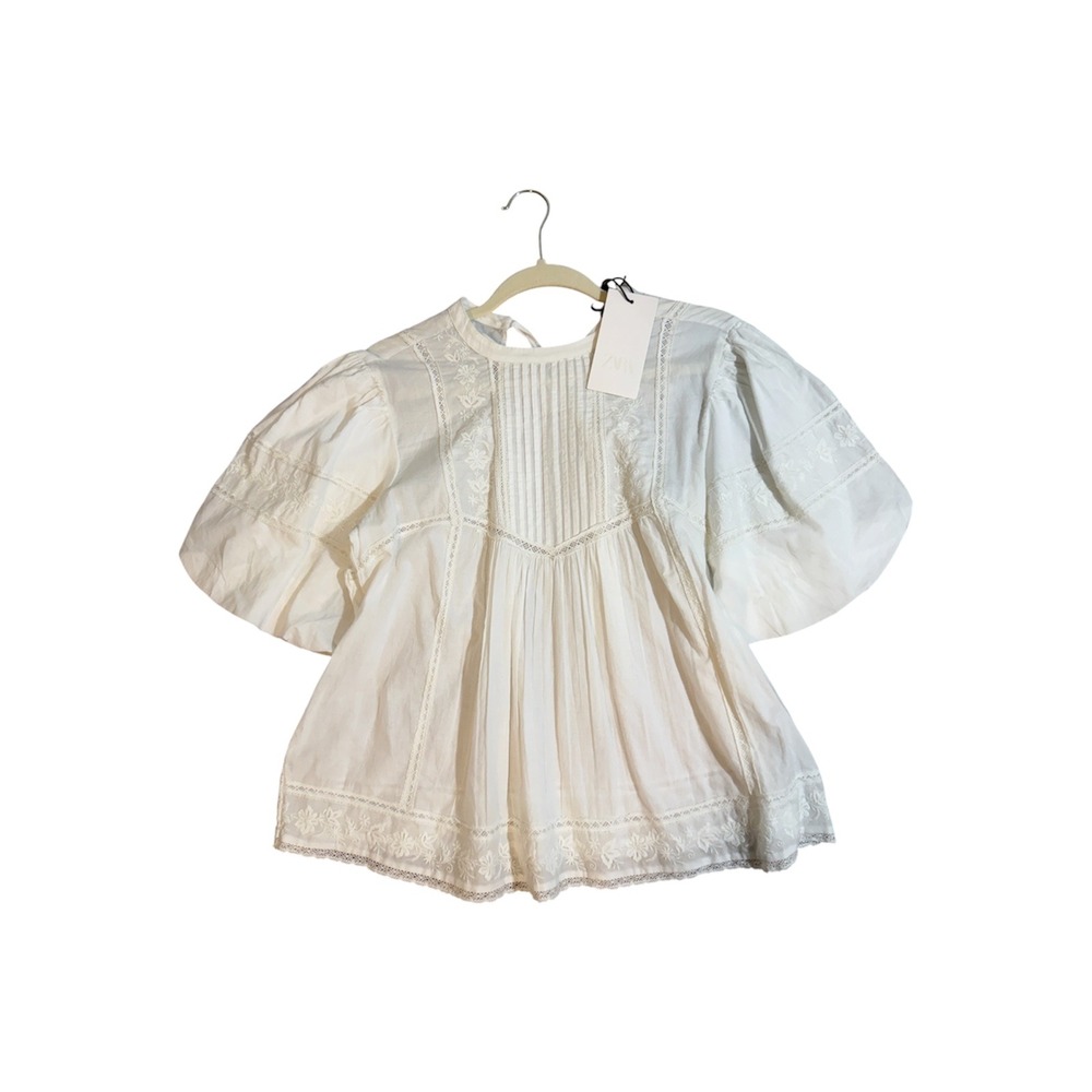 Zara Blouse White S Women Embroidered Pintuck Puff Sleeve Boho NEW
